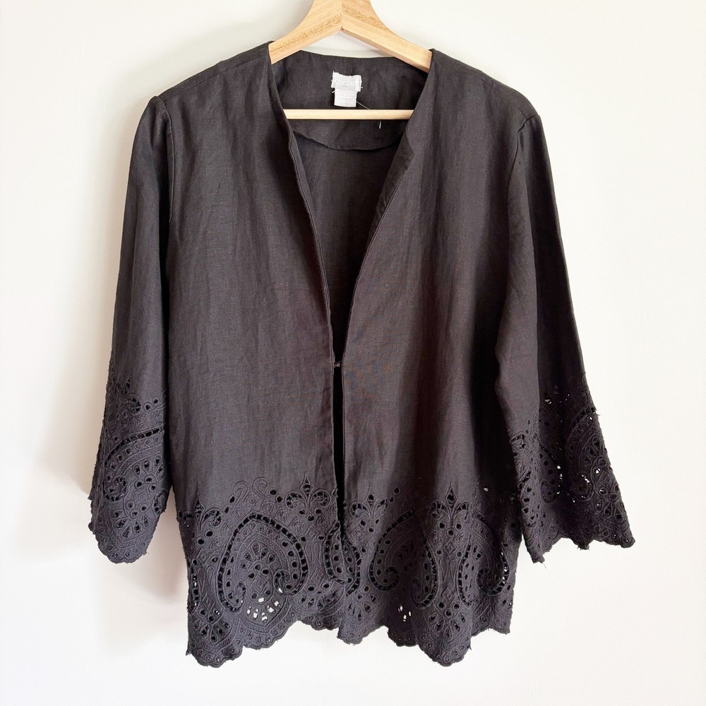 Chicos Linen Eyelet Lace Jacket Size 12/14 Black Open Front Clasp Closure